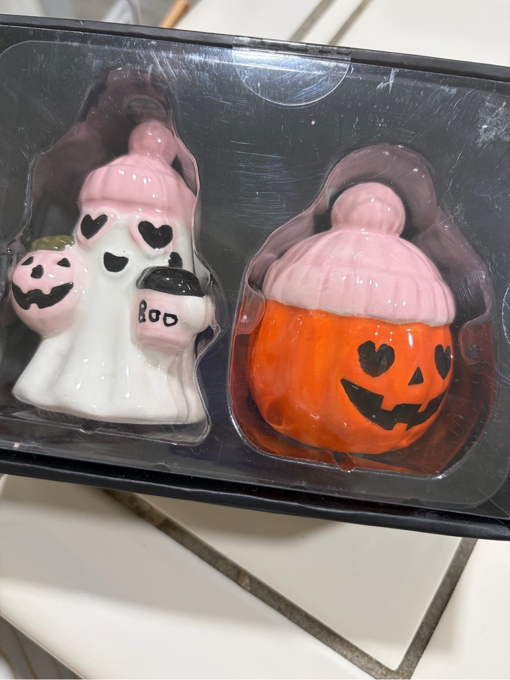 Pink-Accented Halloween Pumpkin & Ghost Figurine Salt & Pepper Set